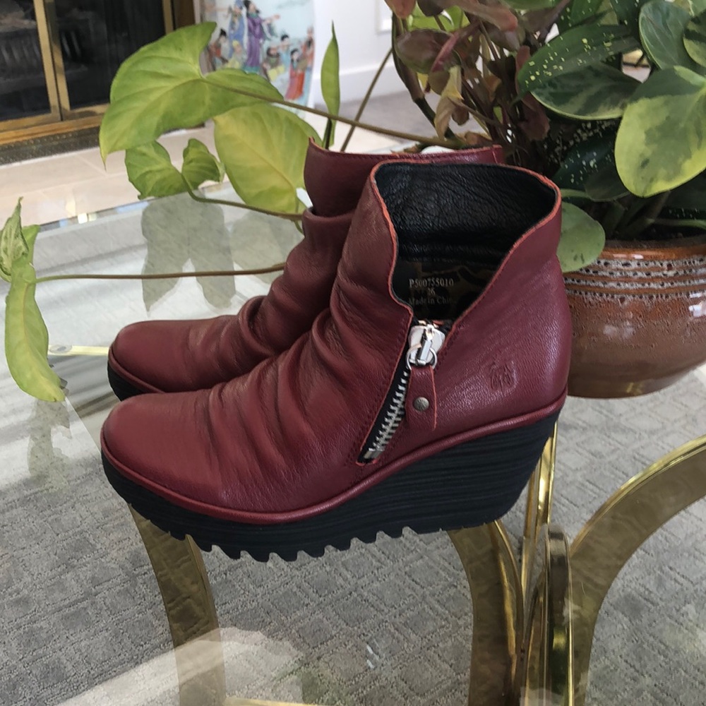 Fly London Red/Black Bootie Wedge size 36